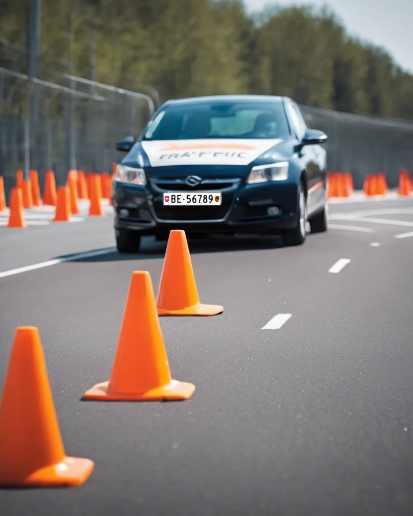 Schwarzes Auto auf Rennstrecke mit Verkehrskegeln für 2-Phasen-Kurse.